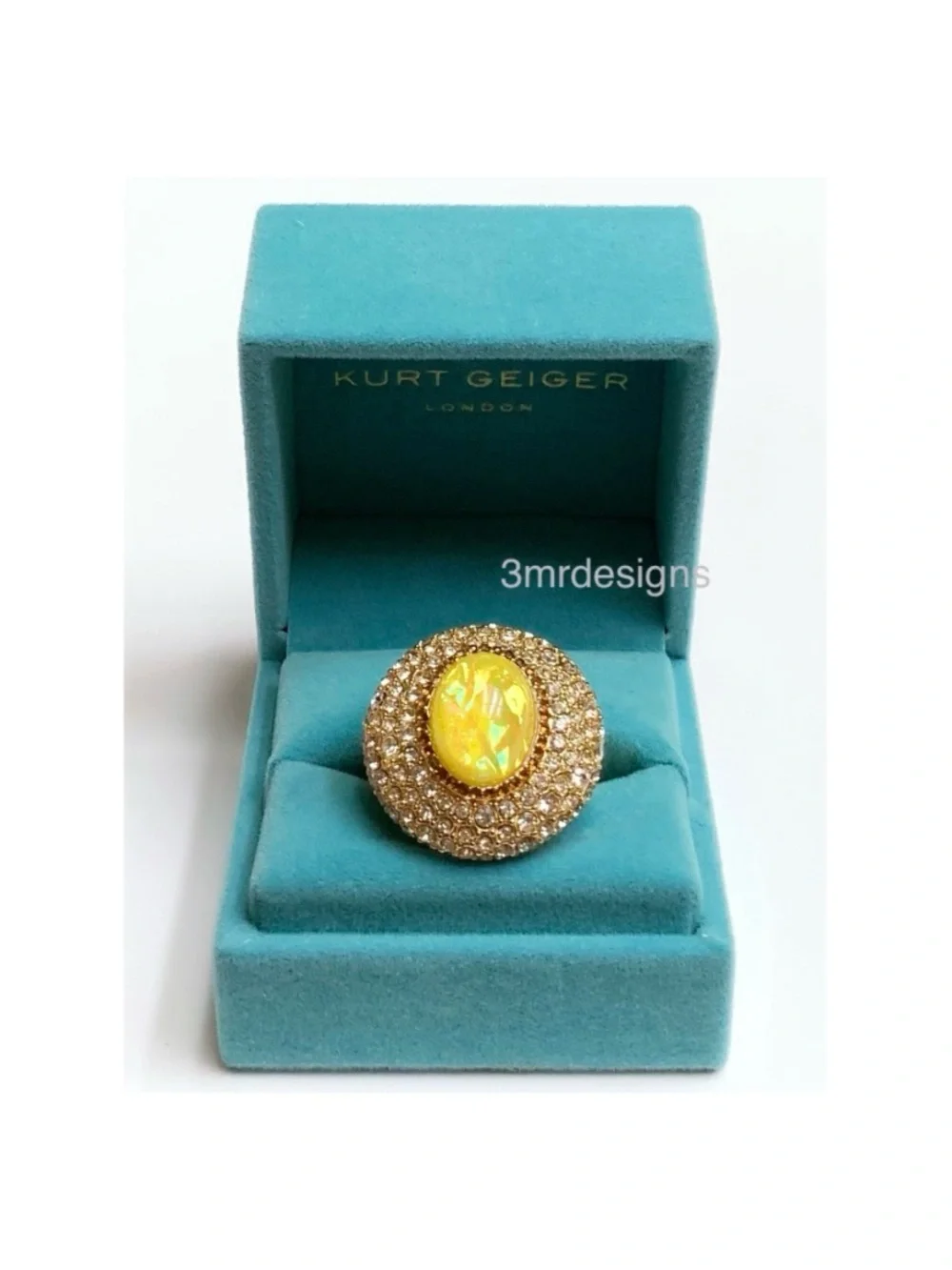 NIB KURT GEIGER Yellow Opalescent Dome Gem Gold Tone Glass Crystals Ring